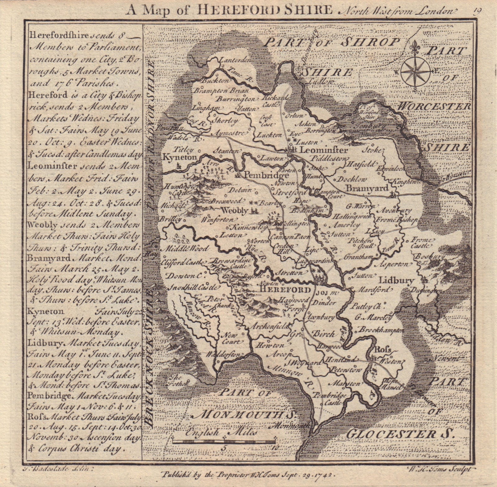 Antique county map of Herefordshire by Badeslade & Toms 1742 old